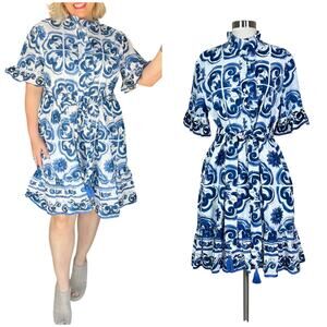 Uncle Frank | Tile Print Blue White Ruffle Collar Belted Cotton Dress Medium M
